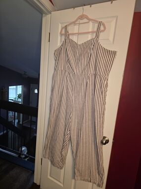 Old Navy White and Brown Striped Midi Jumpsuit